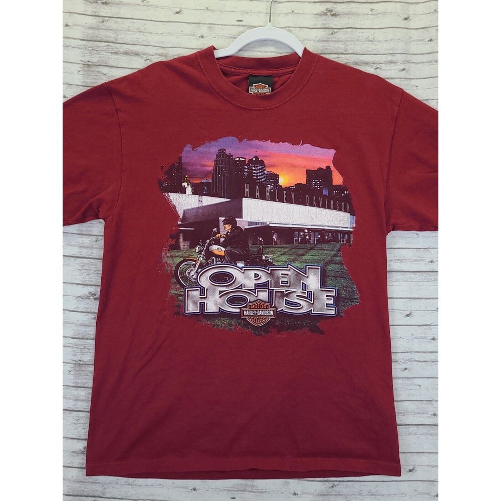 Harley Davidson Mens T-shirt Sz Med Open House Y2K Made In USA Deep Red